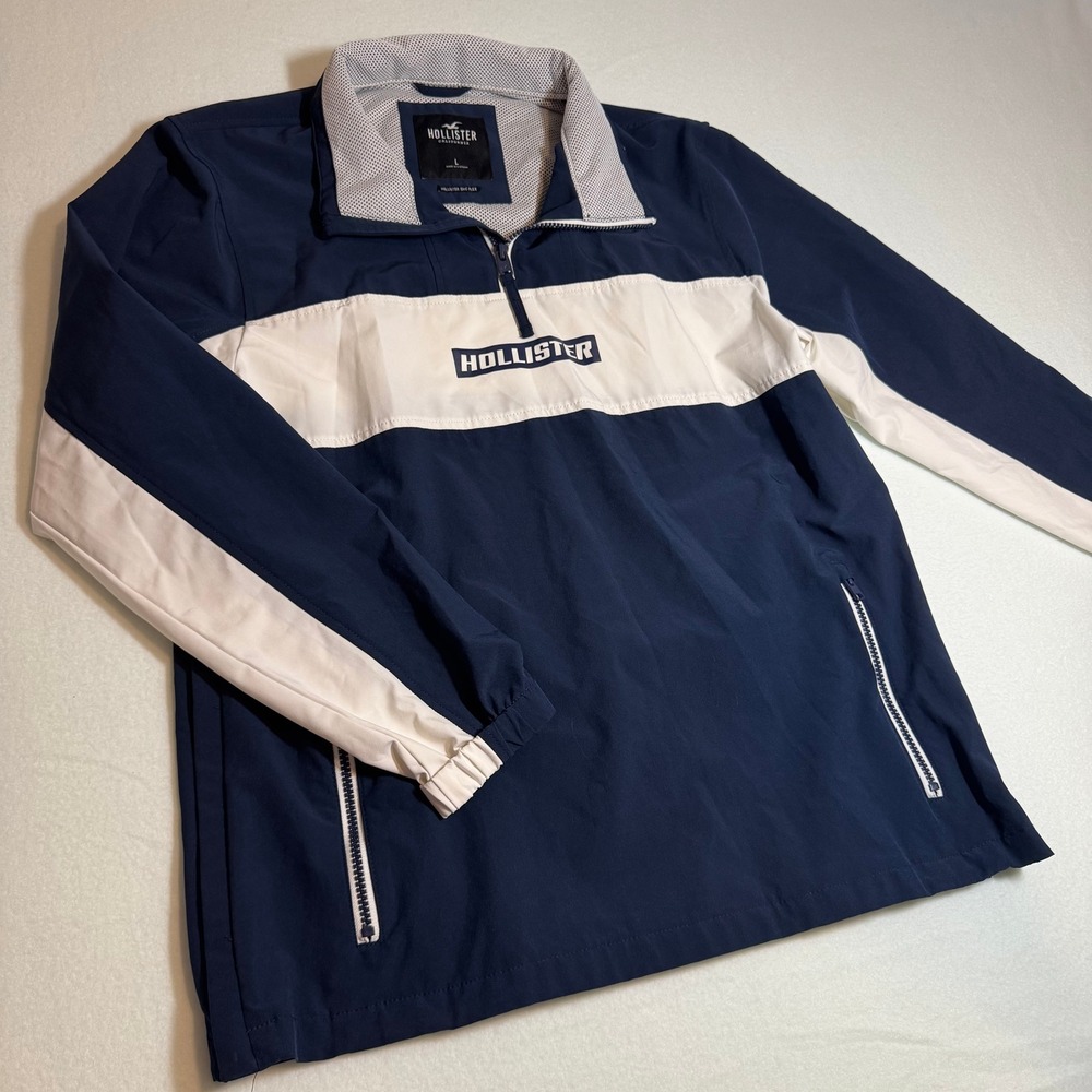 Hollister Mens Epic Flex Quarter Zip Windbreaker Jacket Navy Blue White L Y2K
